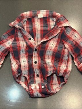 SHEIN Red and Navy Plaid Button-Front Baby Shirt Bodysuit